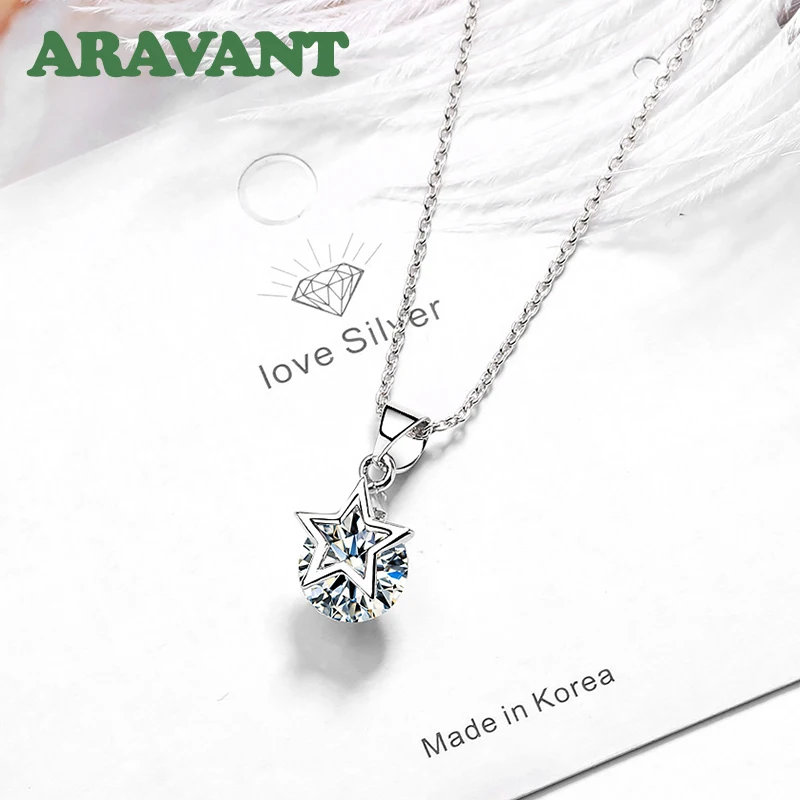Aravant 925 Silver Star Round Zircon Necklace Chain For Women Fashion Jewelry