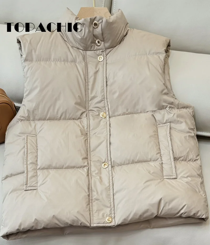 8.28 TOPACHIC-Women Letter Embroidery White Duck Down Vest Autumn Winter New Stand Collar Sleeveless Zipper Vest Outerwear