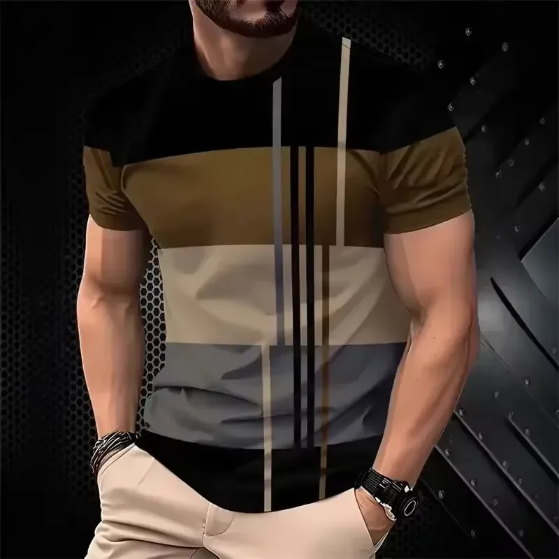 3D Digital Print 2026 Men Summer Streetwear Casual Short Sleeve T Shirt Wide Stripe Contrast Polyester Light Soft Daily