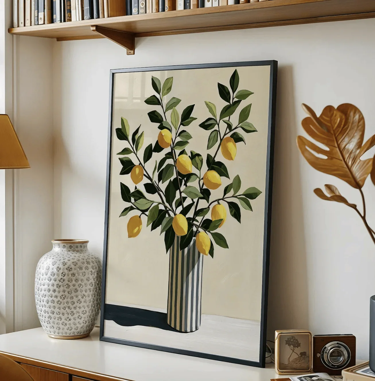 1pc frameless Canvas Painting Neutral Lemon Still Life Canvas Wall Art Prints Decor, Striped Vase Plant Poster for Kitchen Dinin