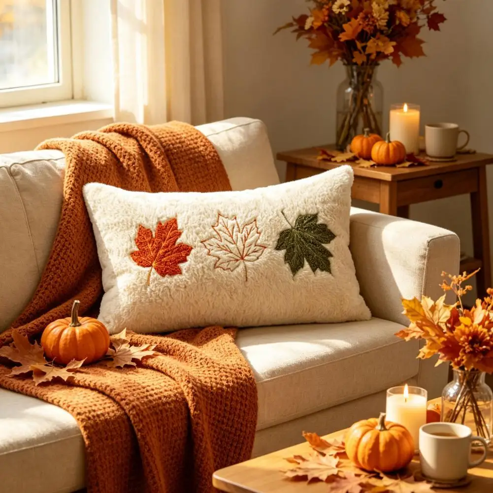Fall Harvest Room Decoration Plush Throw Pillow Covers Fall Plush Cushion Cover Pumpkin Embroidery Throw Pillow for Thanksgiving