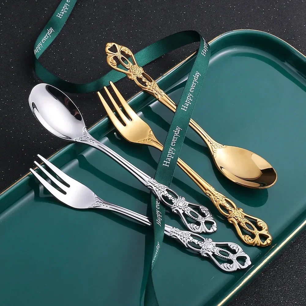 30pcs Stainless Steel Cutlery Set Gold Dinnerware Western Tableware Christmas Knives Coffee Spoons Fruit Forks Dishwasher Safe 4
