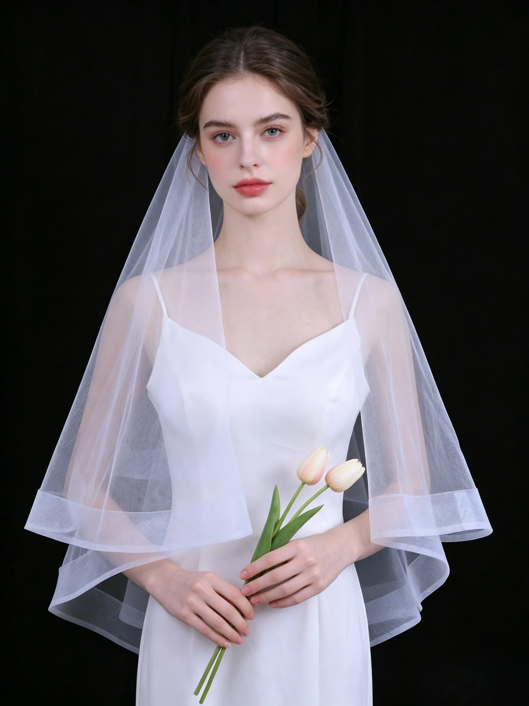 2Layer Tulle Bridal Veil Fishbone Edge Metal Comb Simple Wedding Party Accessory Fingertip Length Bride Elopement Photoshoot V69