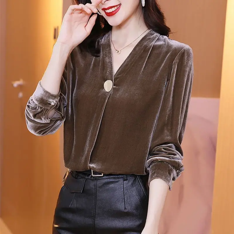 Gold Velvet Solid Women Bottom T-Shirts Autumn Korean Fashion Simple Office Lady Versatile Button Loose Long Sleeved V-neck Tops