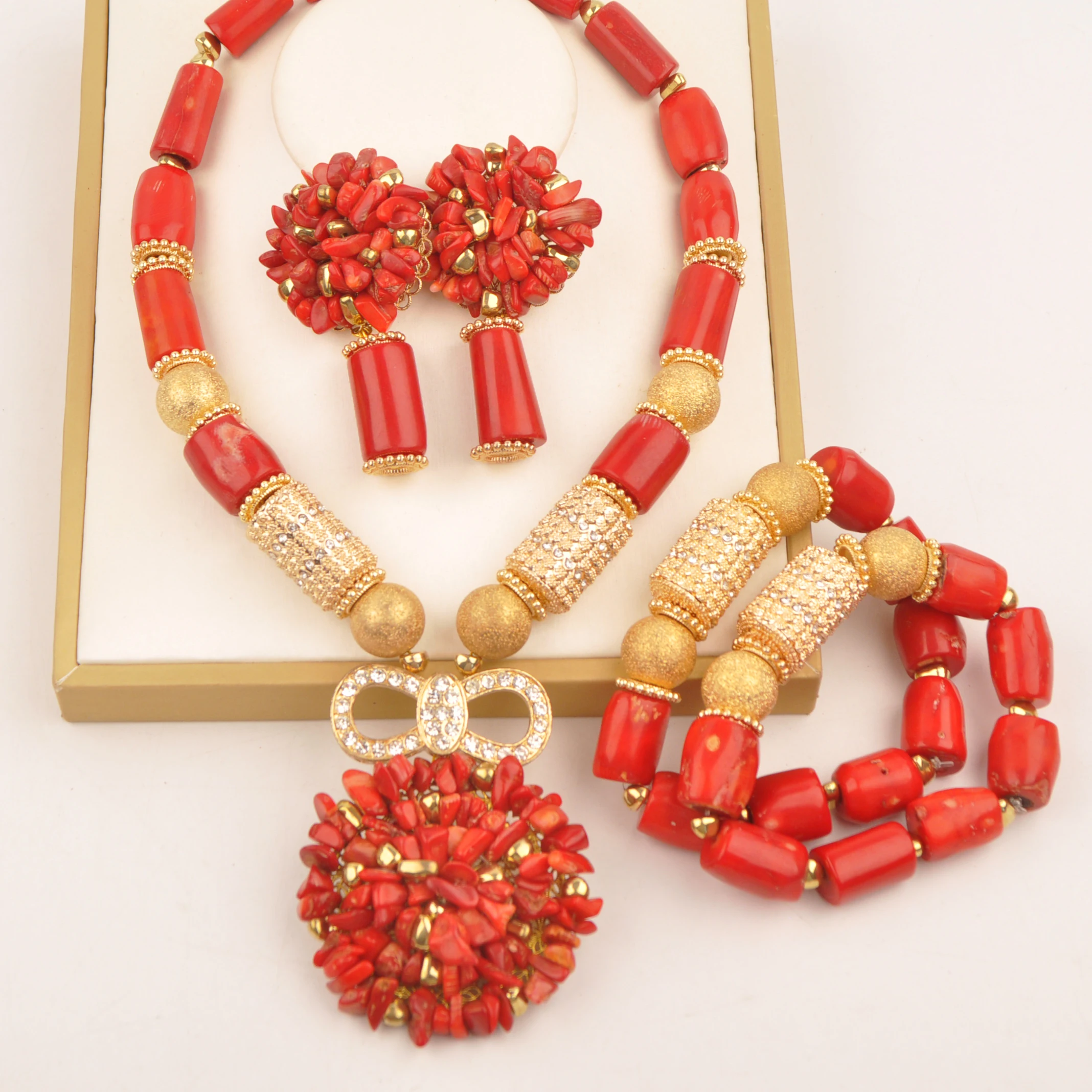 

Red Nigerian Wedding Coral Beads African Bridal Jewelry Sets