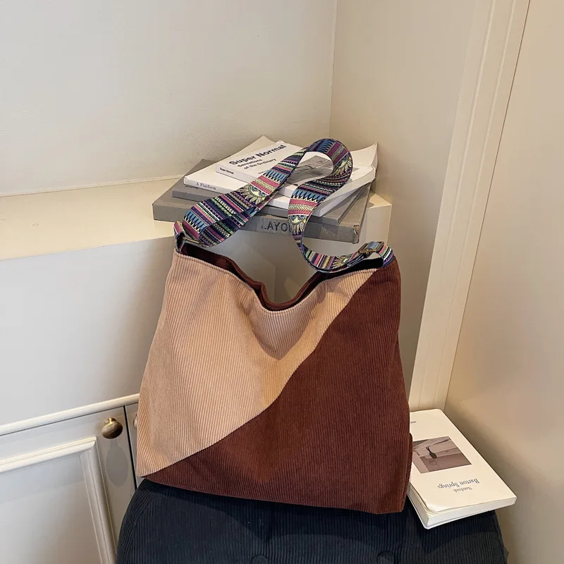 

2025 Autumn Corduroy Shoulder Crossbody Bags For Women Patchwork Tote Bags Large Capacity Travel Commuting Handbags