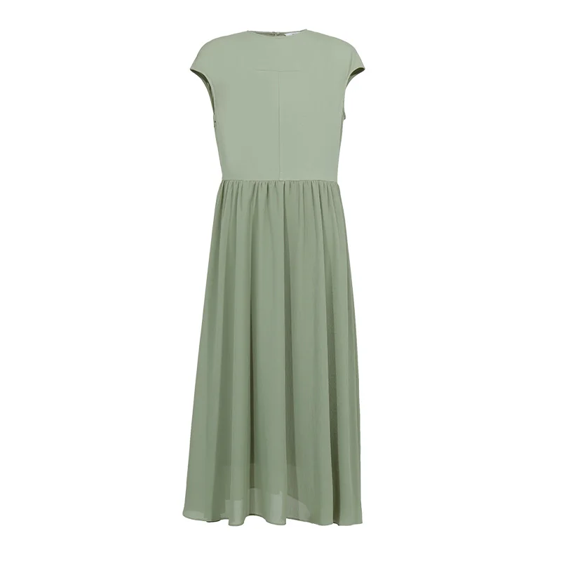Women's Chiffon Patchwork Midi Dress - Round Neck Short Sleeve