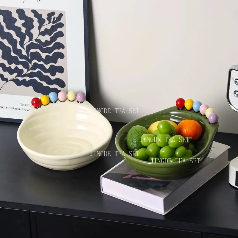 Fruit Bowl Set with 6 Forks Ceramic Fruit Plate with Fork Holder Creative Snack Bowl with Colorful Beads for Kitchen Tableware