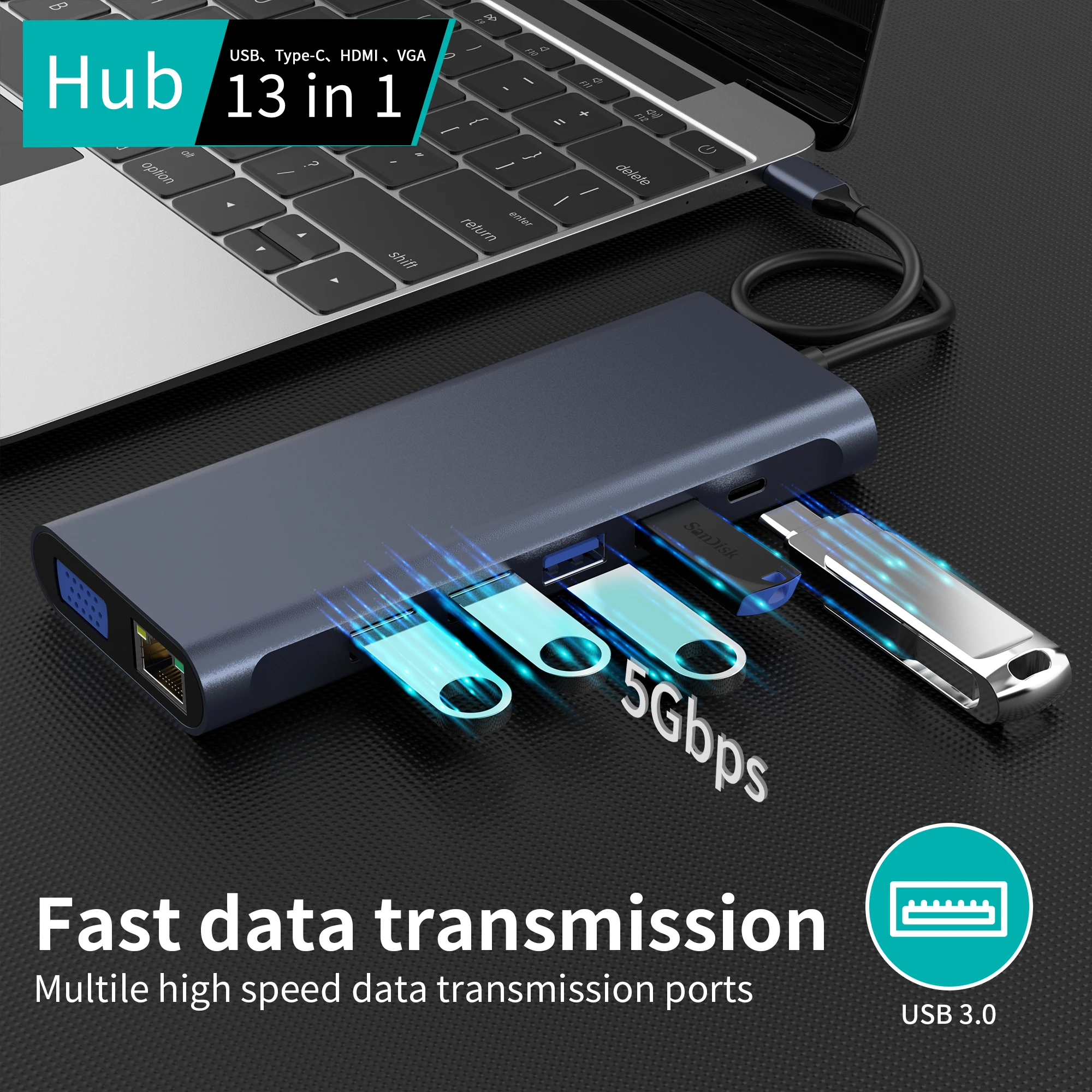 13 in 1 Type C 100W SD TF Interfaces Aluminium Card Reader and Data Transfer Adapter for Laptop Multi-port Hub USB 3.0 Hub