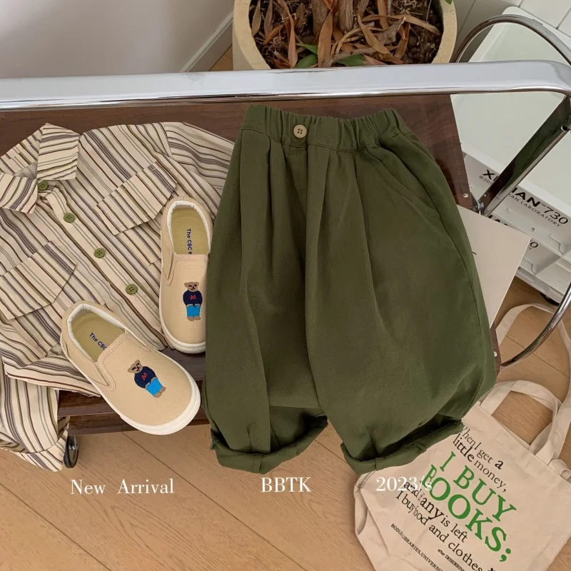 

Children's Trousers2024Spring New Boys and Girls Green Casual Pants Baby Washed Cotton Pants C0203-WS