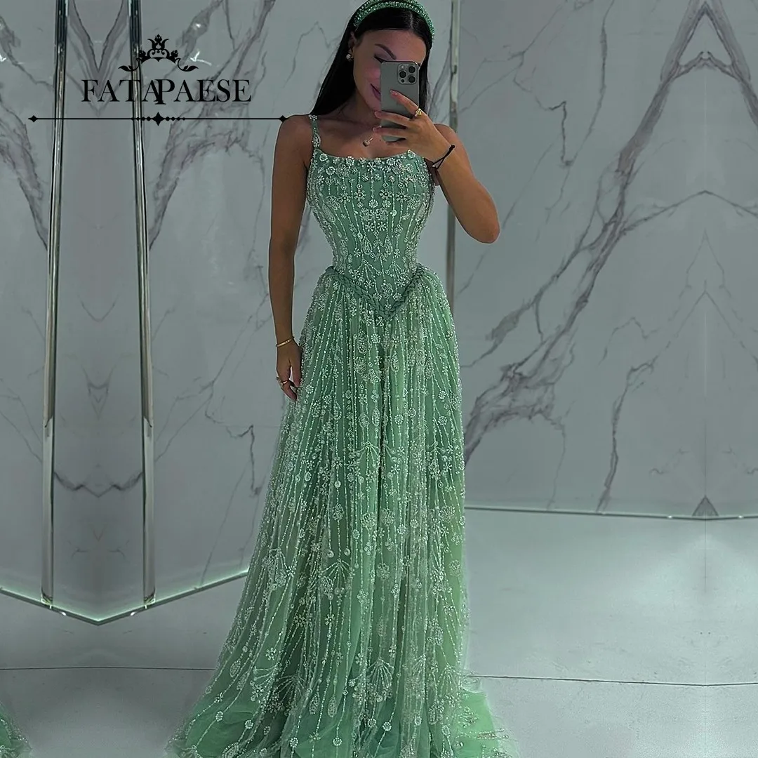 FATAPAESE Customized Formal Gown Sage Dress Thin Spaghitti Straps with Gems Fully Sparking Beaded All Over Ball Dress Evening