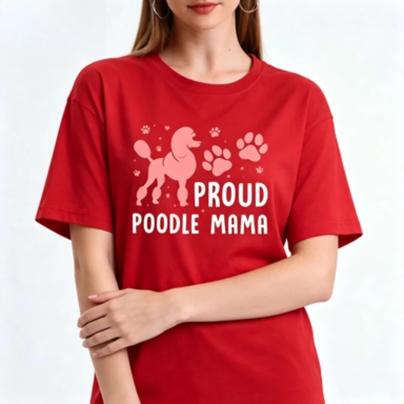 Women 100% Cotton T-Shirt Proud Poodle Mama Graphic Tee Poodle Dog Paw Print Pet Lover Casual Crew Neck Tops