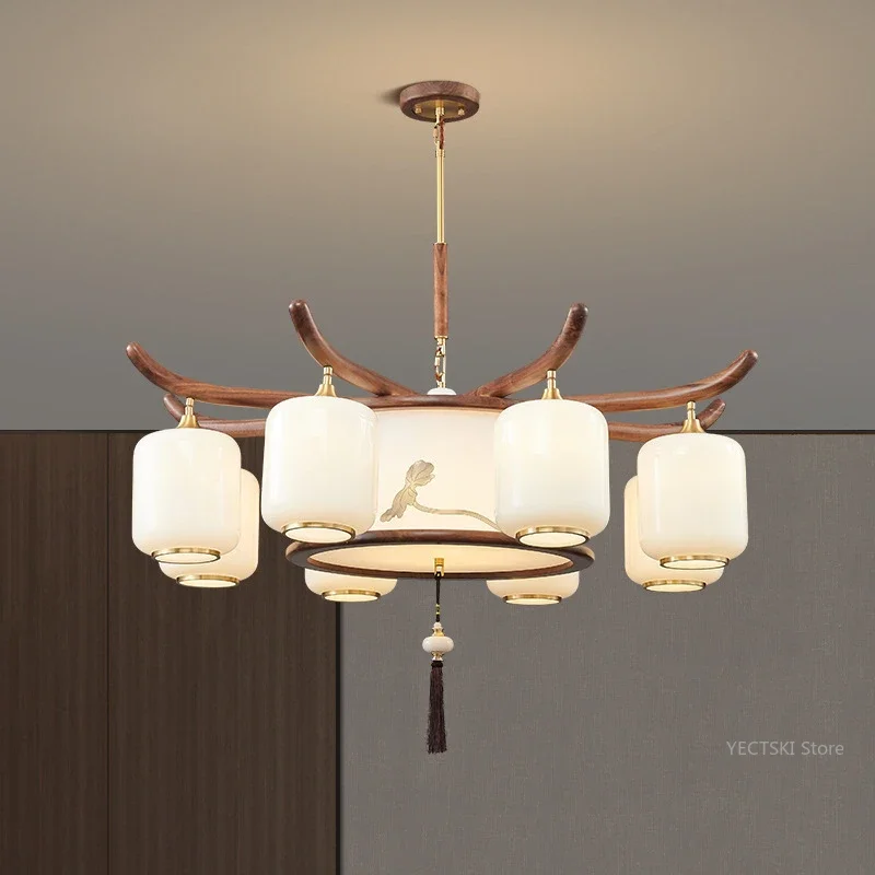 

GHJUYIOL New Chinese style pendant lamp, living room lamp, Zen style Chinese restaurant lamp, villa solid wood retro lamp