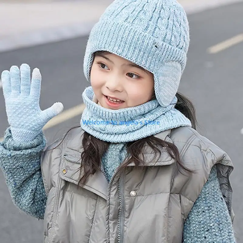 X4YC Trẻ Mùa Đông Mũ Găng Tay Khăn Bộ Bé Gái Thời Trang Bé Trai Với Earflaps Giữ Ấm Cổ Tem Mạc Găng Tay Hở Ngón Ấm