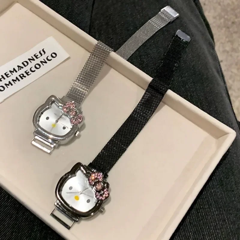 Hello Kitty Bow Diamond Watch Sanrio Anime Fashionable Quartz Watches Cute Cartoon Magnet Watches Girls Birthday Gifts