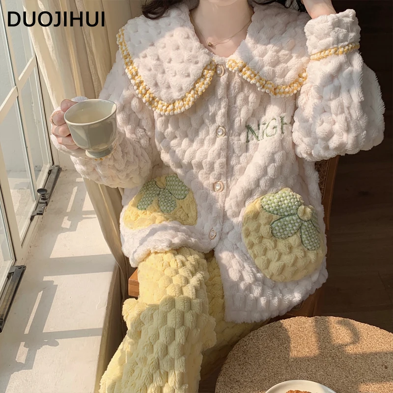 DUOJIHUI Korean Style Fashion Two Piece Female Pajamas Set Winter Contrast Color Chicly Printing Loose Simple Pajamas for Women