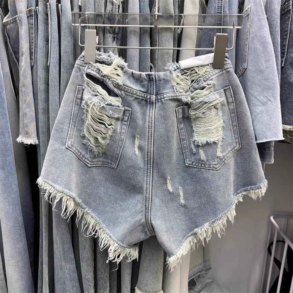 Design Ripped Denim Shorts Women 2025 Summer New Sexy Wide-legged Jeans A-shaped Hot Pants