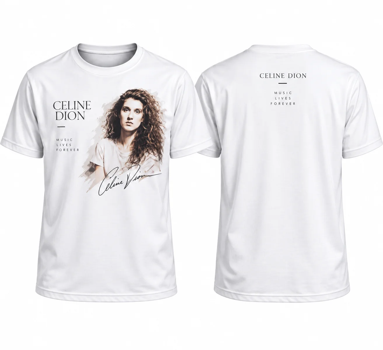 Celine Dion Vintage Portrait T-Shirt, Music Lives Forever Graphic Tee, Unisex Front Back Print Fan Shirt