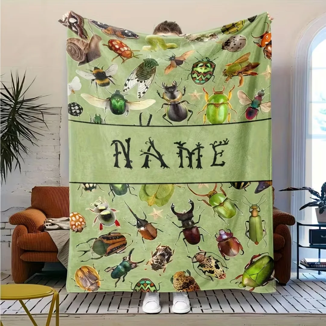 Personalized Name Insect Collection Flannel Blanket, Custom Knee Shawl Blanket for Insect Lovers, Lightweight Travel Blanket for