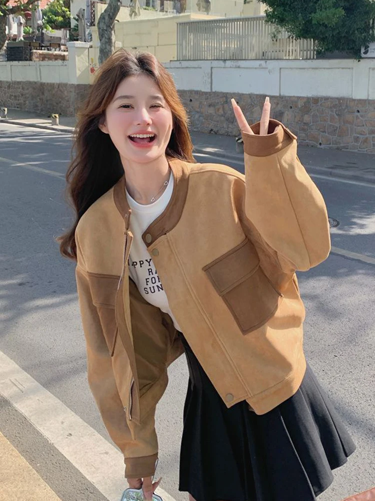 

Zoki из искусственной замши, милая куртка, женская свободная осенняя короткая куртка в консервативном стиле, американские винтажные повседневные женские топы с круглым вырезом и карманами в стиле ретро