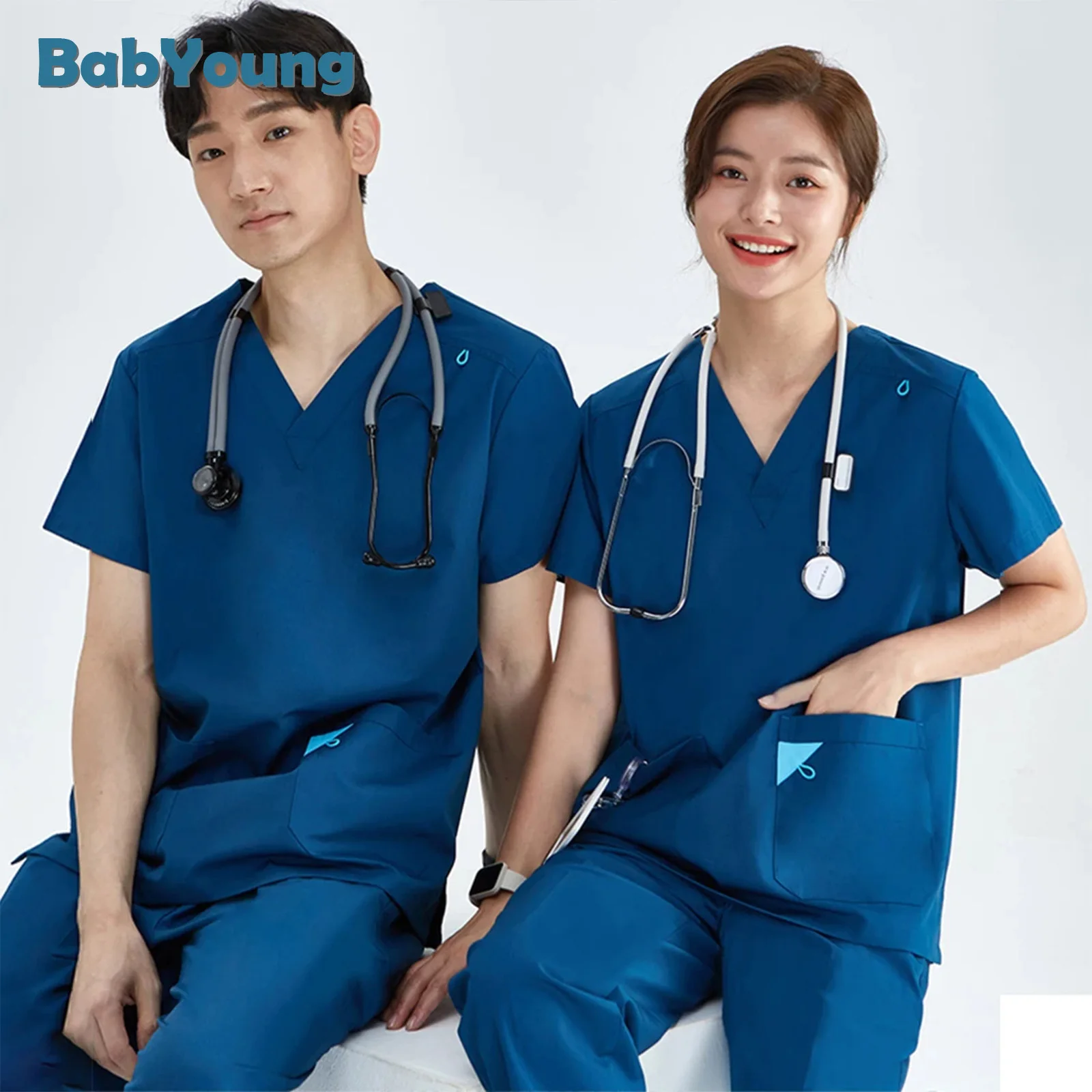 

Basic Medical Uniform Scrub Sets Women Men 2 Piece V Neck Top Drawstring Pants Pro Heather Nursing Slim Tunic Xsy-202