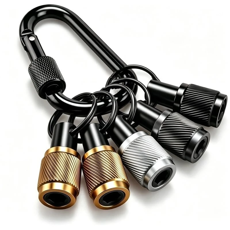 Carabiner Keychain Clip Knurled Aluminum Bit Holder Keychain Fits Standard 1/4 Hex Bits, Quick-Release