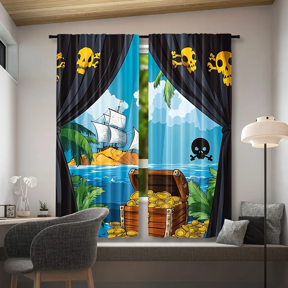 Cartoon Pirate Island Blackout Rod Pocket Curtain Skull Flag Gold Chest Palm Decor Kid Homestay Game Rest Bay Window