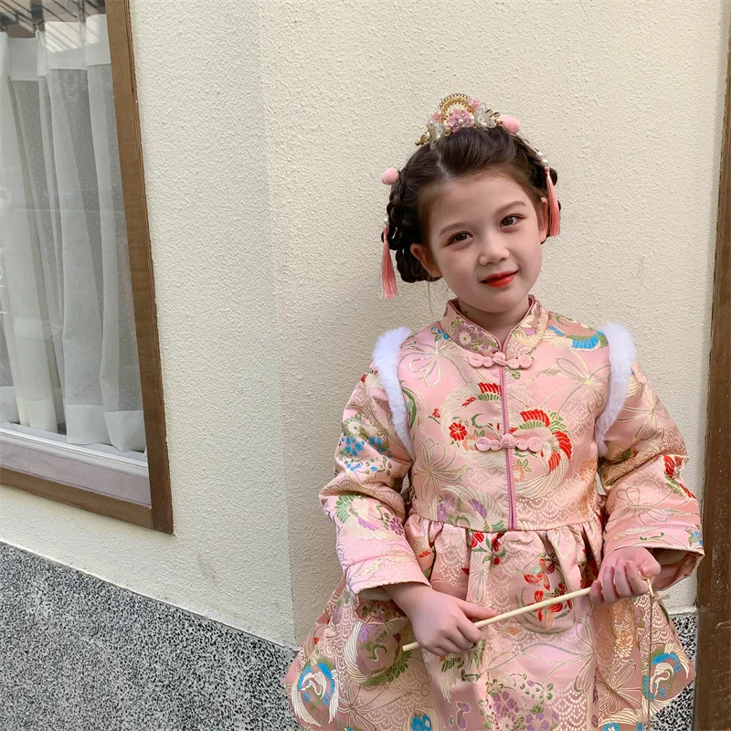 

Chinese Style Autumn And Winter Girl's Fleece Warm Dress New Year's Dress Little Girl's Pink Air Cotton Jacket Hanfu Cotton