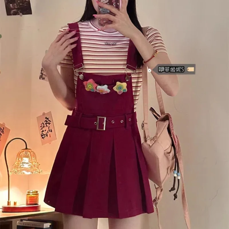 Mori Girl Style Summer New Design Sense Age Reduction Kawaii Skinny A-Line Pleated Strap Denim Short Mini Dress Female Clothing