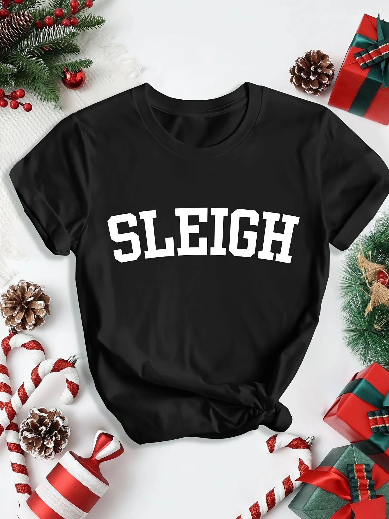 

Women's Christmas letter print T-shirt casual round neck short-sleeved polyester knitted top regular summer length