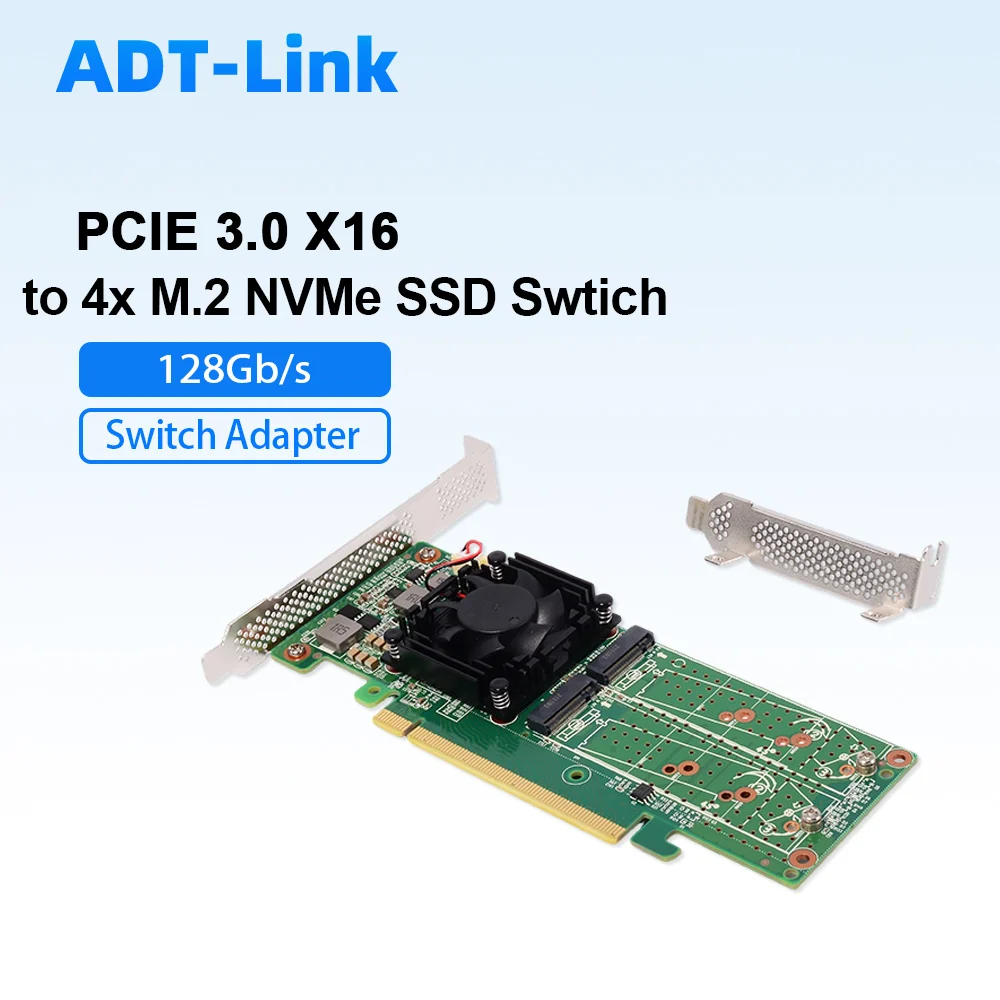 ADT-Link PCIe 3.0 X16 To 4 Port Quad 4X M.2 NVMe SSD Switch Adapter Expansion Card Support 2242, 2260,2280mm 128Gb/s