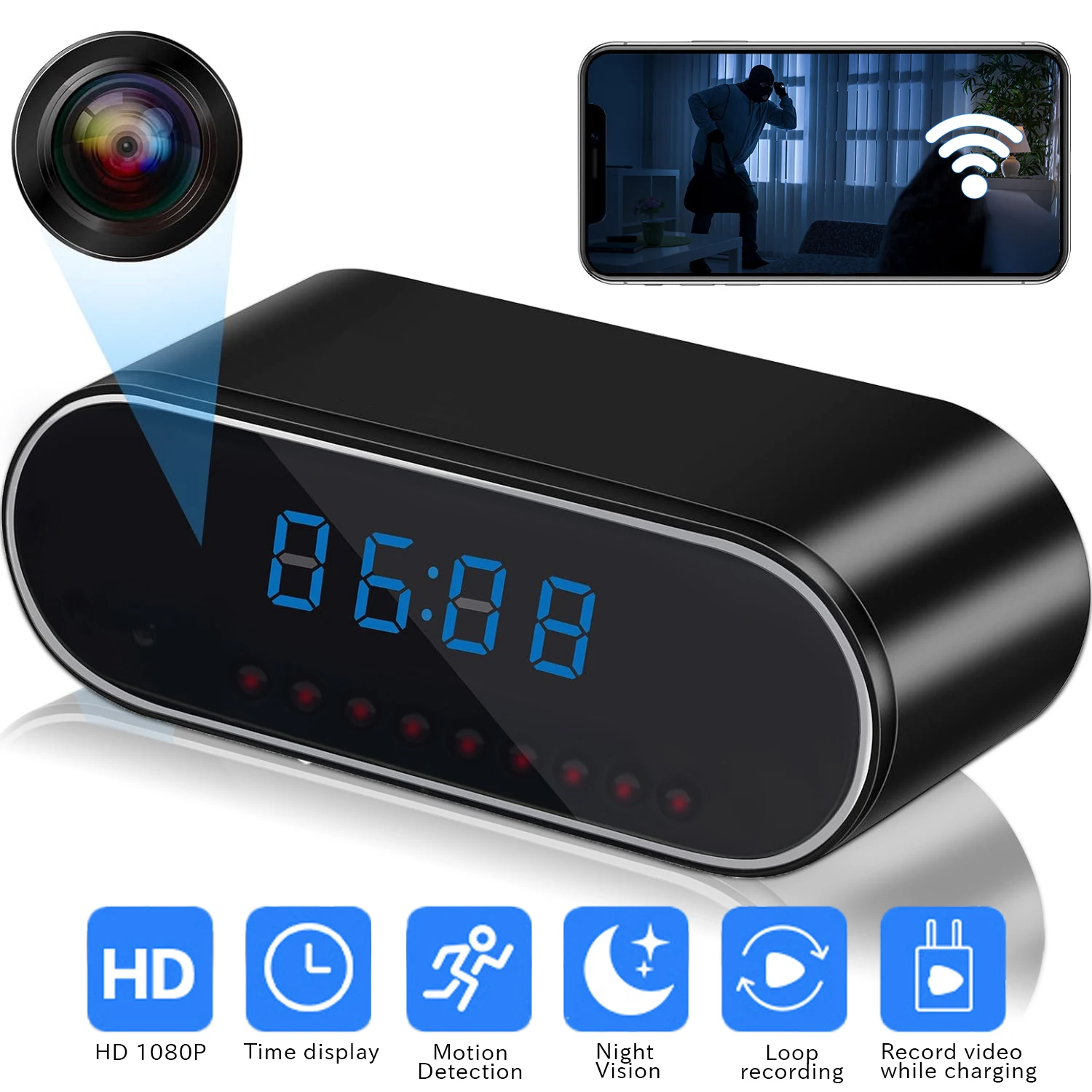 WiFi clock camera, wireless IP infrared night vision video camera, suitable for home and office nannies 1080P HD small cameras