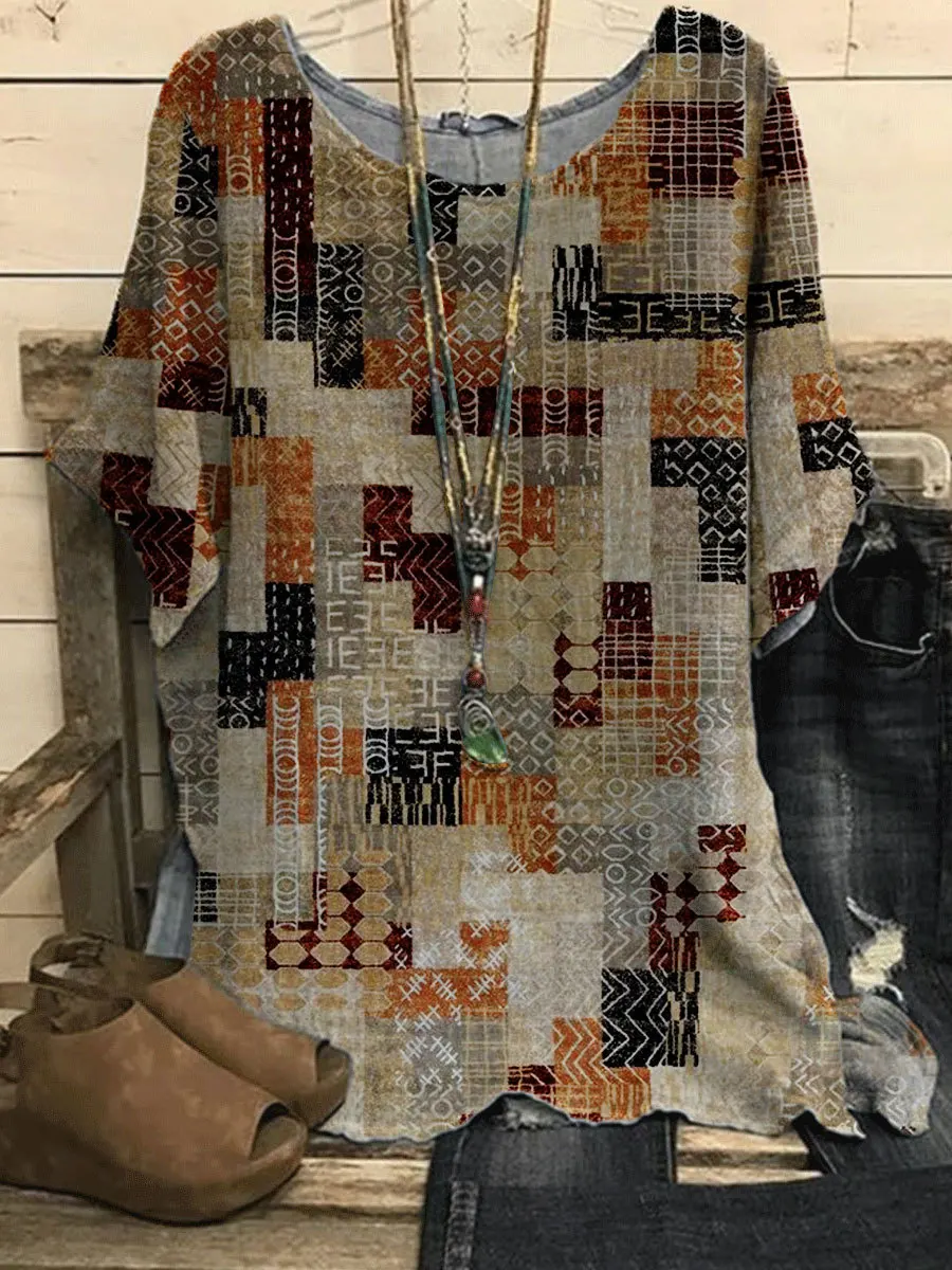 

Sexy Loose T-shirt Autumn Women Round Collar Vintage Pullover Daily Fashion Tee Oversized Long Sleeve Abstract Print Top