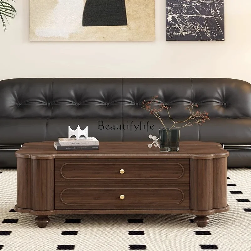 

pg46French retro solid wood coffee table black walnut cream wind ancient living room American tea table