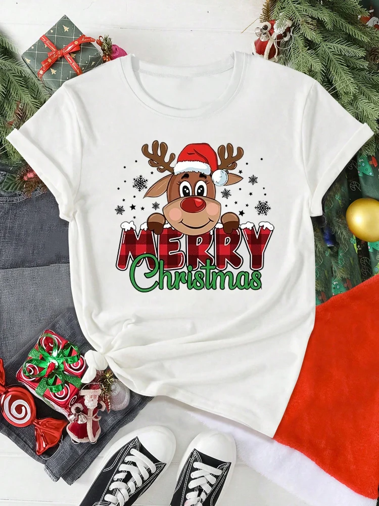 عيد ميلاد سعيد لطيف الرنة طباعة الأحمر تي شيرت للنساء عادية كم قصير س الرقبة تي شيرت السيدات عيد الميلاد ملابس الحفلات #3