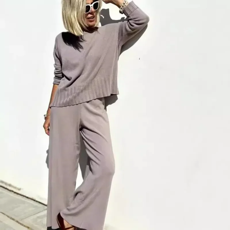 Elegant Autumn Women Knitted Two Piece Set Casual Fashion Long Sleeve Pullover Sweater Wide Leg Pants Suit Outfits Tracksuit