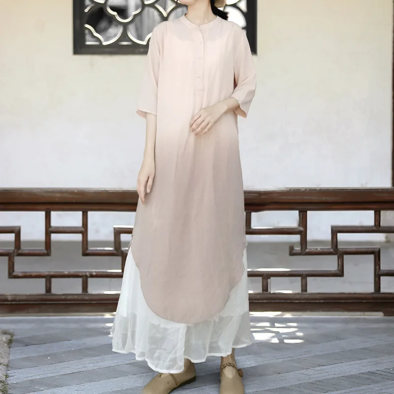 UMI MAO Hanging Dye Art Dress Elegant Gradual Summer Loose Style Mid Length Dresses Simple A-line Robe Femme