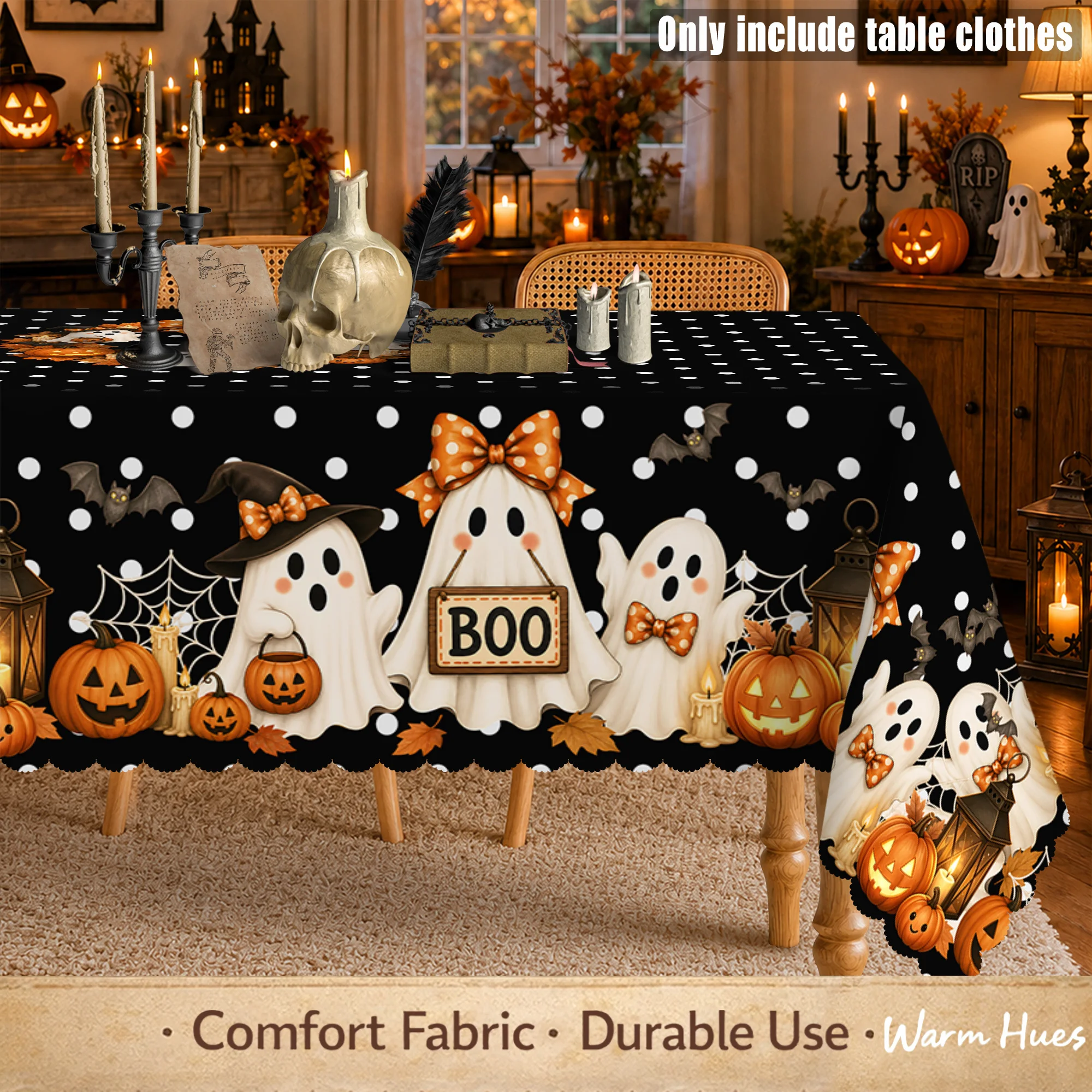 One item, black Halloween bow ghost tablecloth with polka dot pattern, featuring pumpkins.zyc
