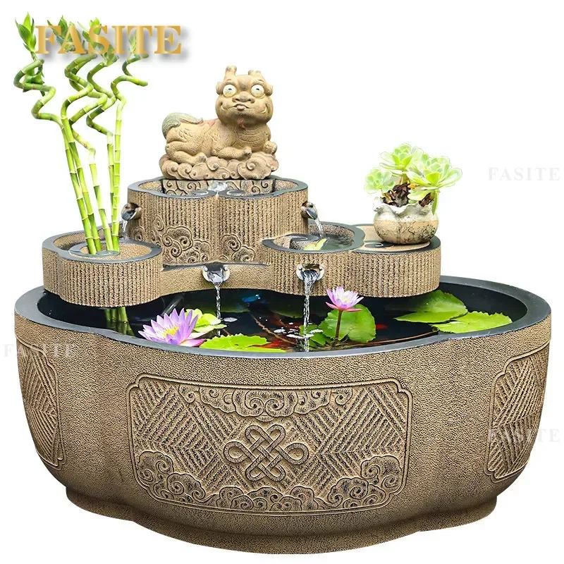 Large Outdoor Stone Water Fountain Circular Fish Pond with Flowing Water Feature Chinese Style Garden Courtyard Decor Zen