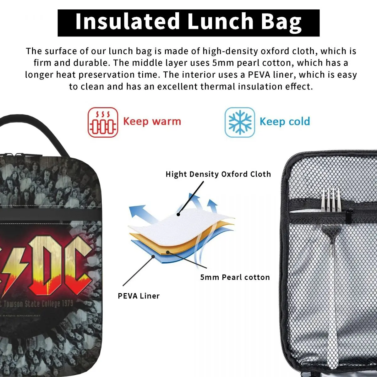 Vintage Rock AC DC Heavy Metal Resuable Lunch Box Women  Music Band Cooler Thermal Food Insulated Lunch Bag Office Work