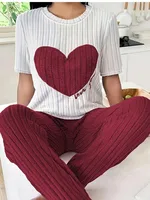 Autumn Winter Two-Piece Pajamas Set for Women Sleepwear Heart Print Round Neck Short Sleeve Long Pants Home Wear - Image 5