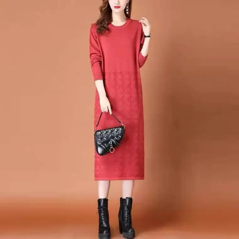 

Vintage 2024 Autumn Spring Women Elegant Knitted Full Sleeve Maxi Dress Crew Neck Bodycon Straight Long Dress Streetwear LU475