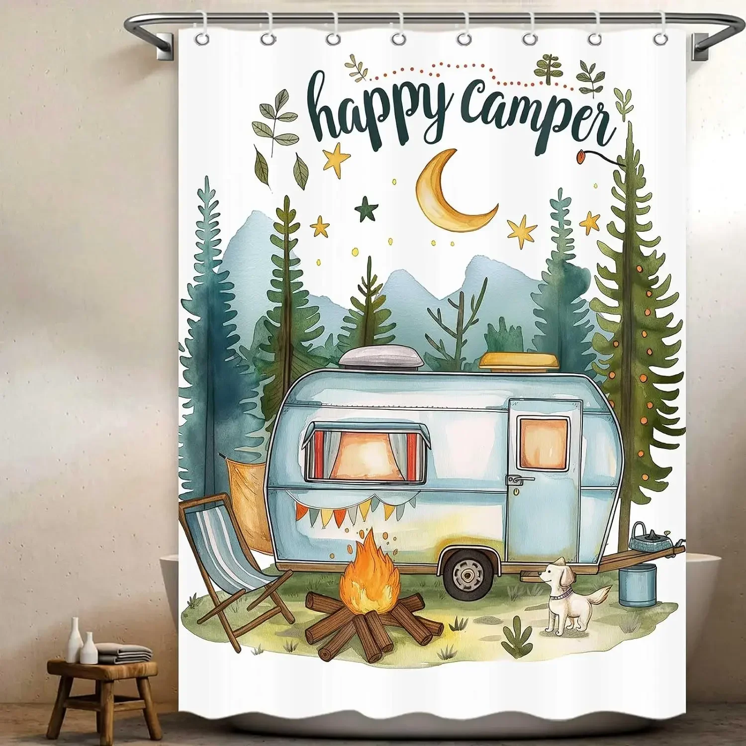 Travel Camper Shower Curtain RV Summer Ocean Surfboard Camping Palm Tree Rustic Plank Polyester Fabric Bathroom Decor Curtains