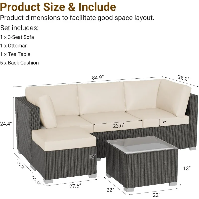 home.5-teiliges Sofa-Set aus Rattangeflecht für den Außenbereich, Tischplatte aus Glas, Ottomane – ideal für den Innenhofbereich, Beige