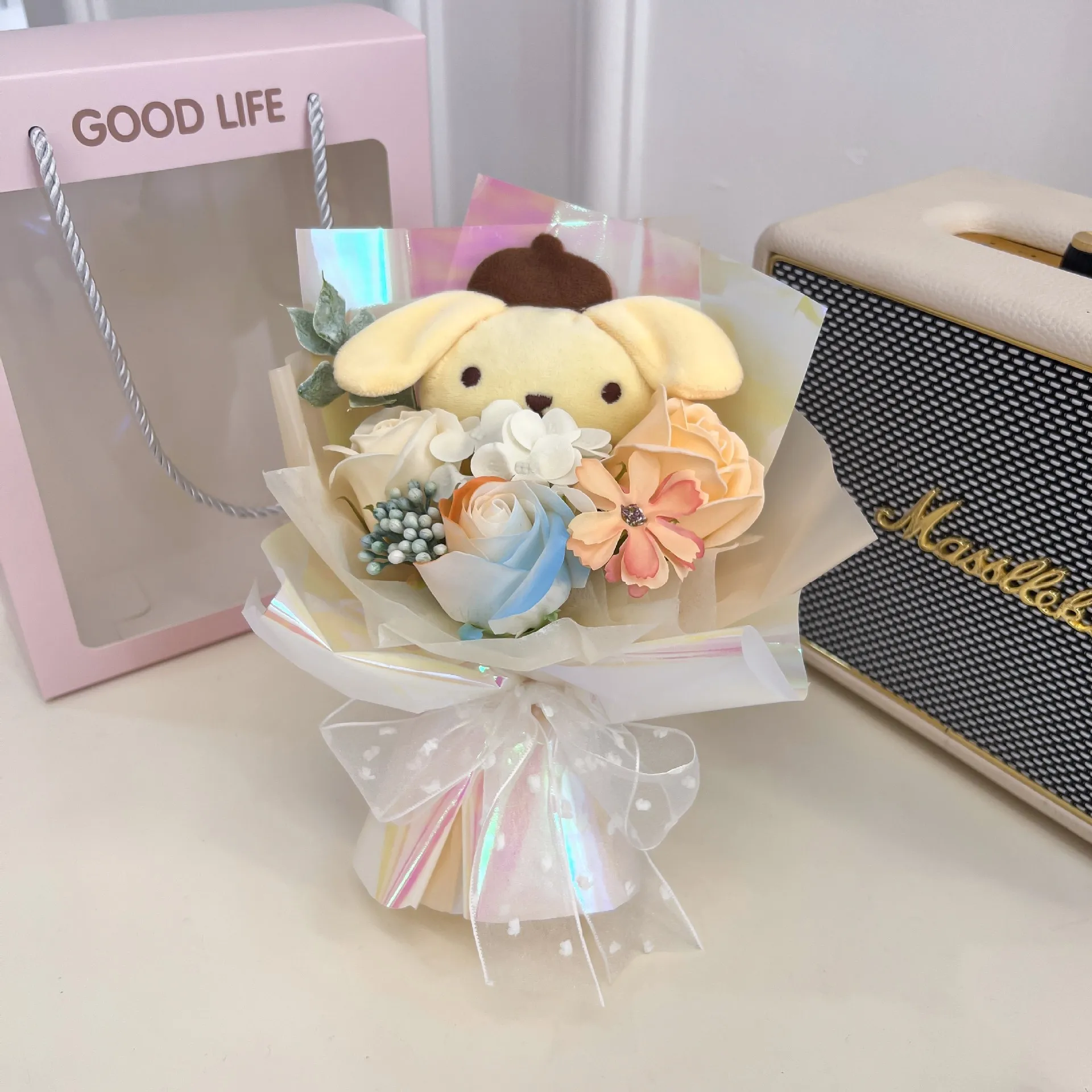 Cinnamoroll Doll Flower Bouquet with Box Sanrio Kuromi Mymelody Hello Kitty Doll Plush Toys Valentinegirls Girl Birthday Gifts