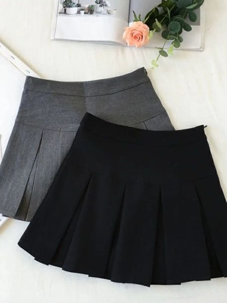 Vintage Gray Pleated Skirt Women Kawaii High Waist Mini Skirts Korean Fashion School Uniform Harajuku Streetwear Spring