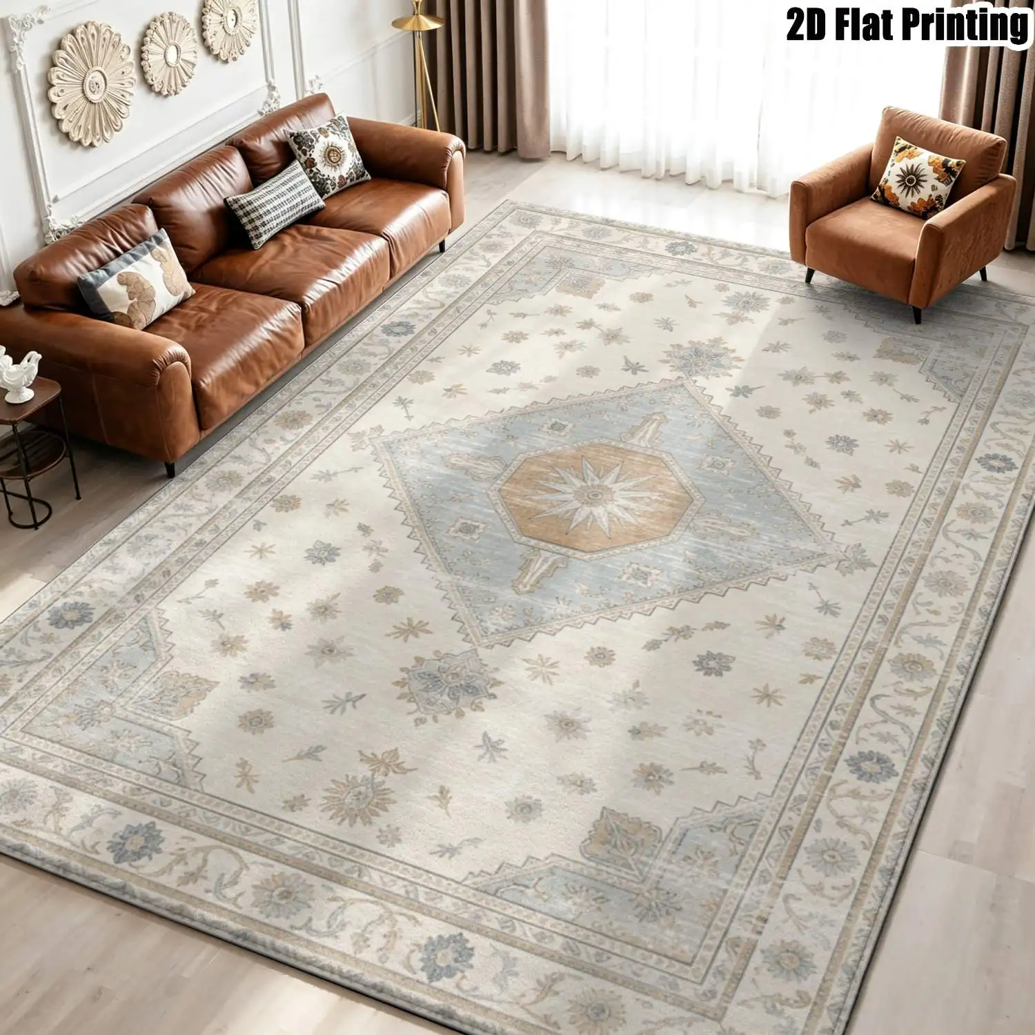1Pc 2D Printed Carpet: Beige-Blue Retro Star Pattern, European-Style, Home Decor, Multiple Sizes, Machine Washable, Multi-Scene Use