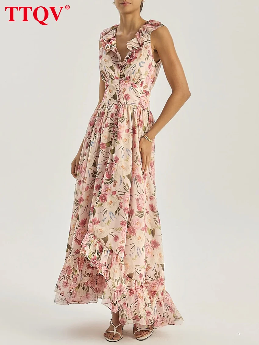 

TTQV Sexy Loose Print Women's Dress 2026 Summer V-Neck Sleeveless Ankle Length Dresses Elegant High Waist Pleated Female Dress