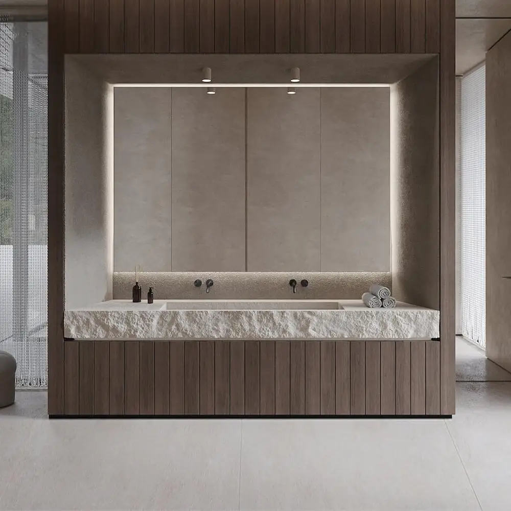 Vintage Travertine Double Sink Console Textured Undermount Basin with Concealed Drain, Mid-Century Cultured Stone Vanity