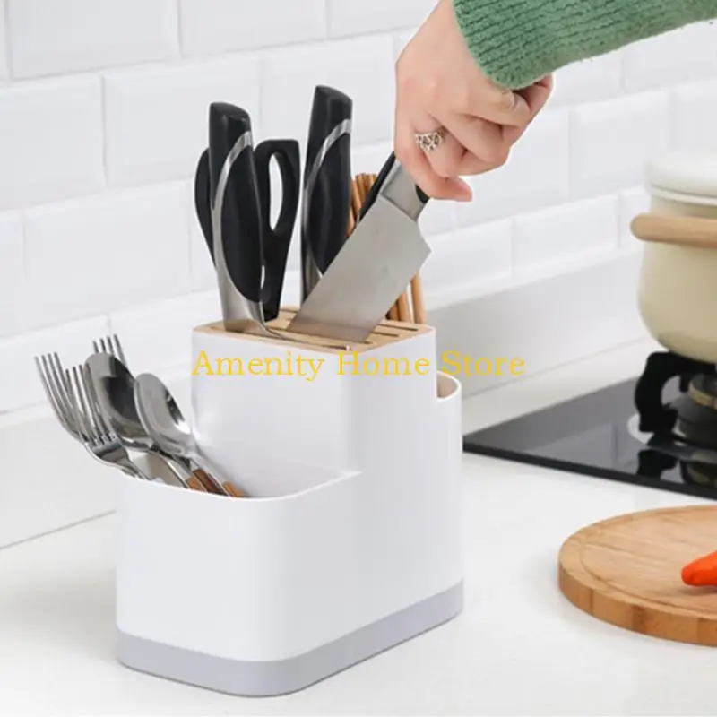 

F26C Nordic Cutlery Drainer with Knife Slots Utensil Drying Rack Kitchen Countertop Silverware Chopsticks Fork Spoon Caddy